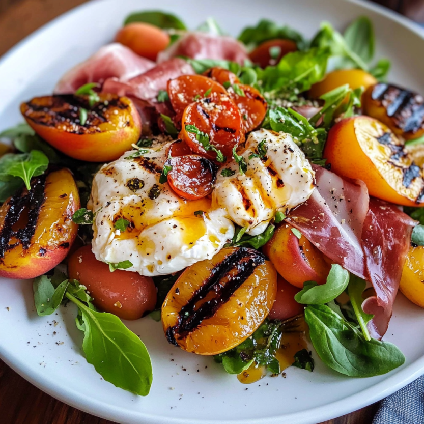 A plated salad with grilled nectarines, burrata, prosciutto, and greens.