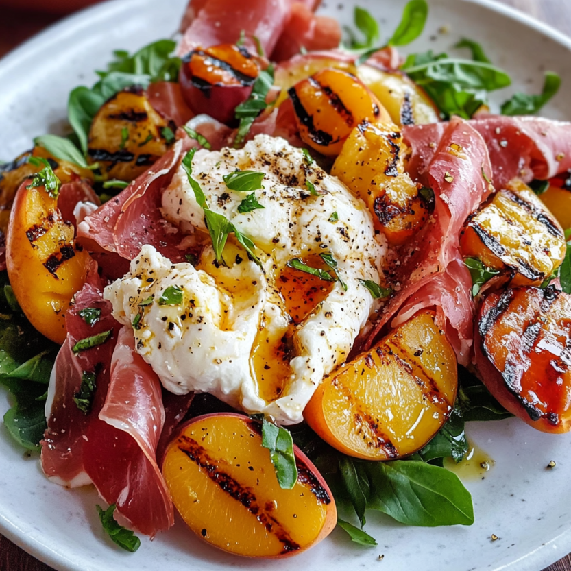 A summery salad with charred nectarines, burrata, prosciutto, and fresh basil leaves.