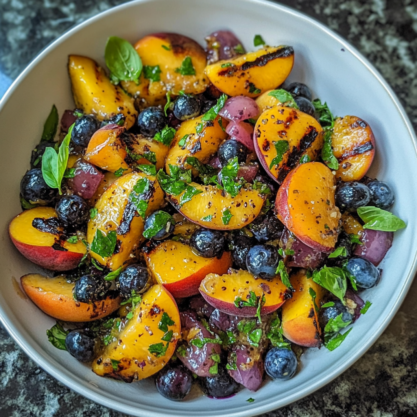 Une salade de grilled peaches, blueberries et herbes.