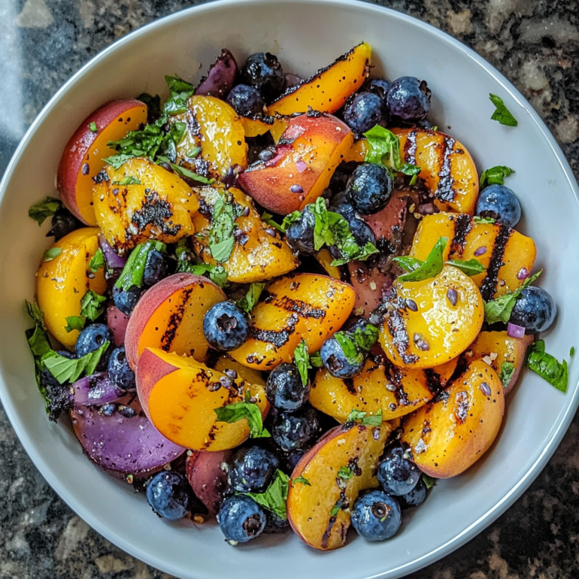 Blueberries and grilled peaches on a summer salad.