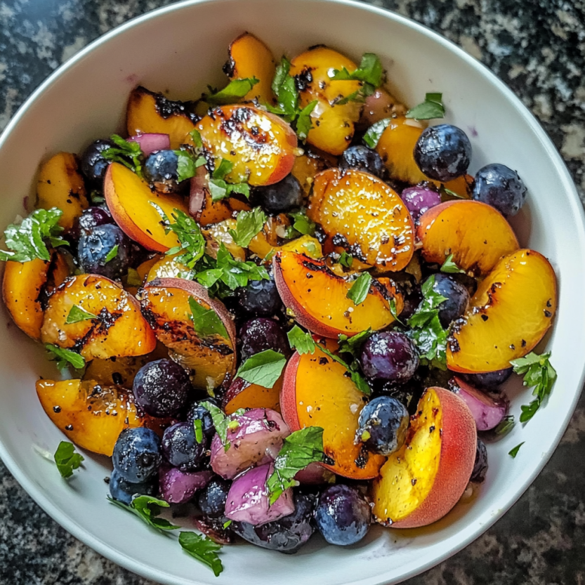 Grilled peaches and blueberries tossed with herbs on a salad.