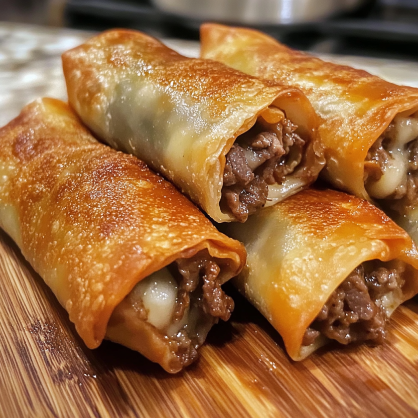 A plate of Philly cheesesteak egg rolls.