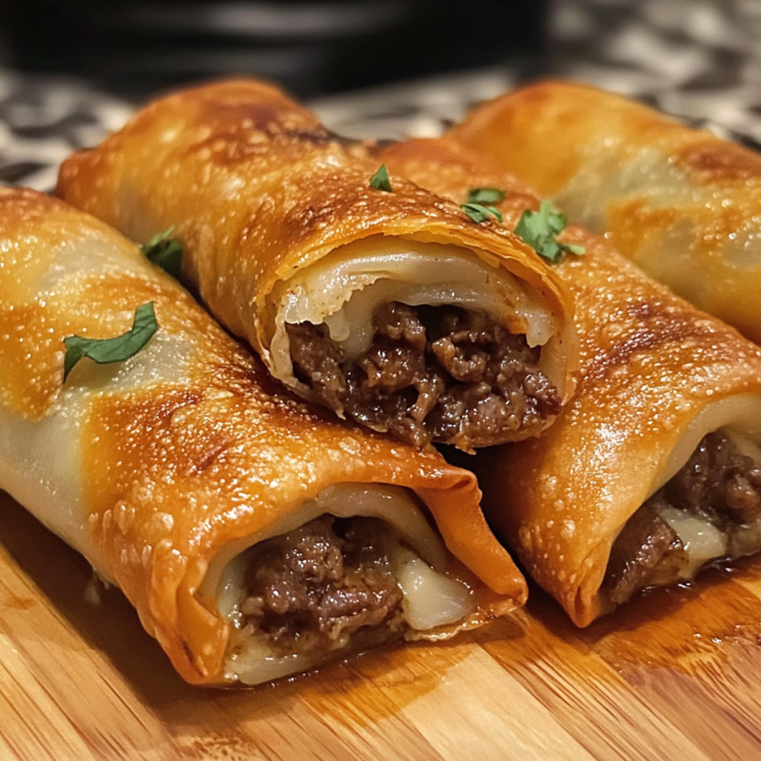 Three pieces of Philly cheesesteak egg rolls.