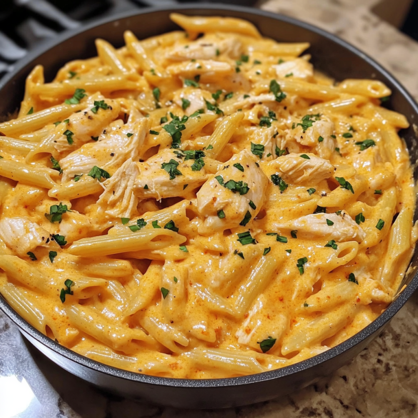 A pan of chicken and pasta.