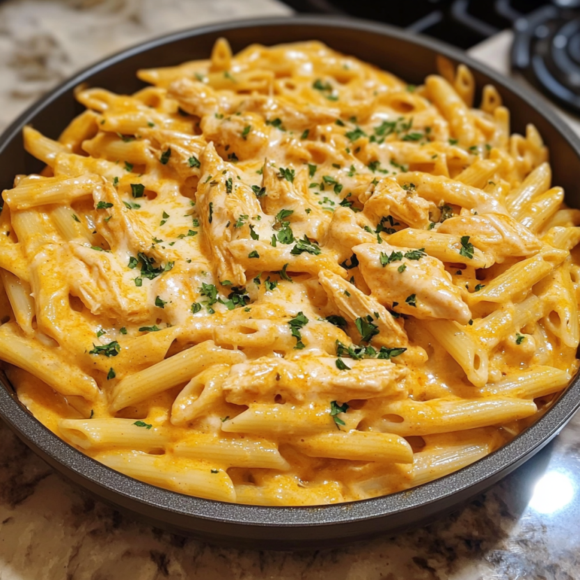 A bowl of pasta with chicken and sauce.