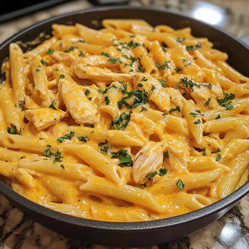 A bowl of pasta with chicken and sauce.