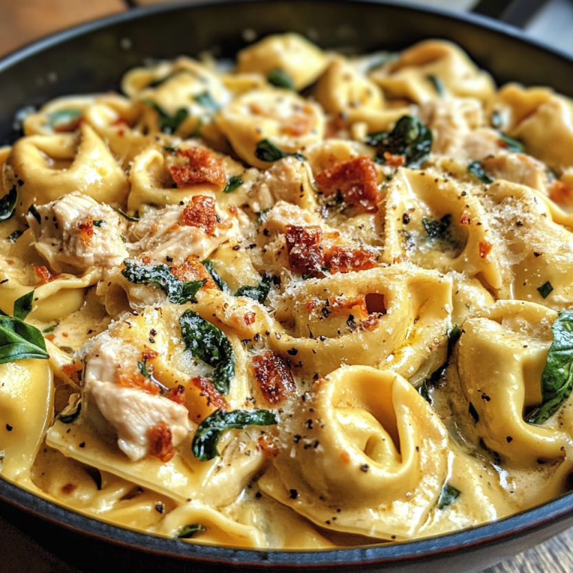 A bowl of chicken tortellini with cheese and bacon.