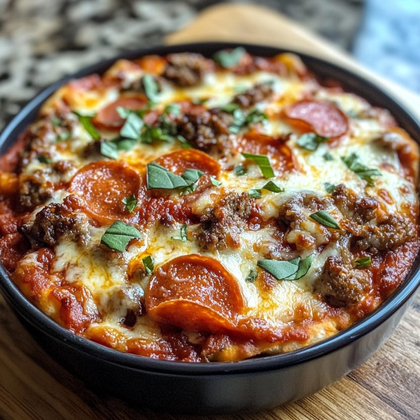 A bowl of pizza with pepperoni and cheese.