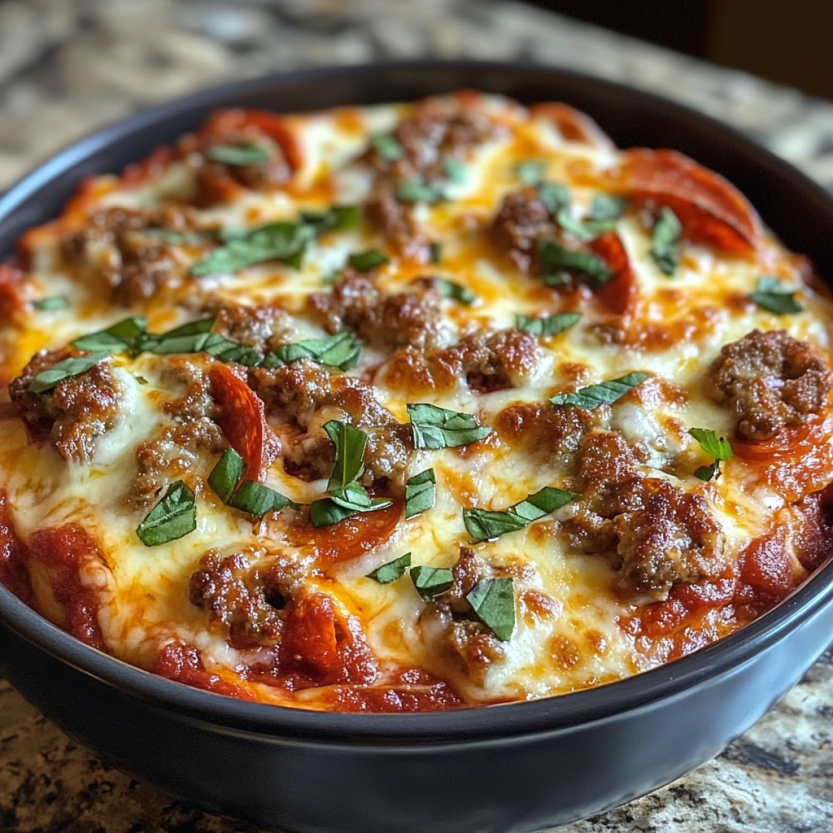 A bowl of low carb crustless pizza.