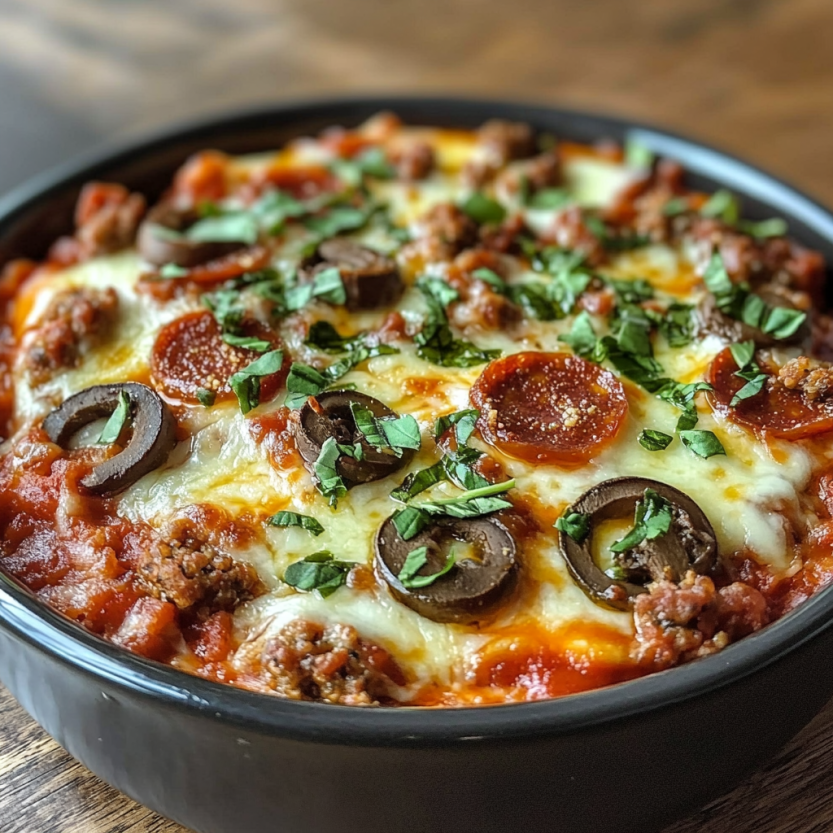 A bowl of low carb crustless pizza.