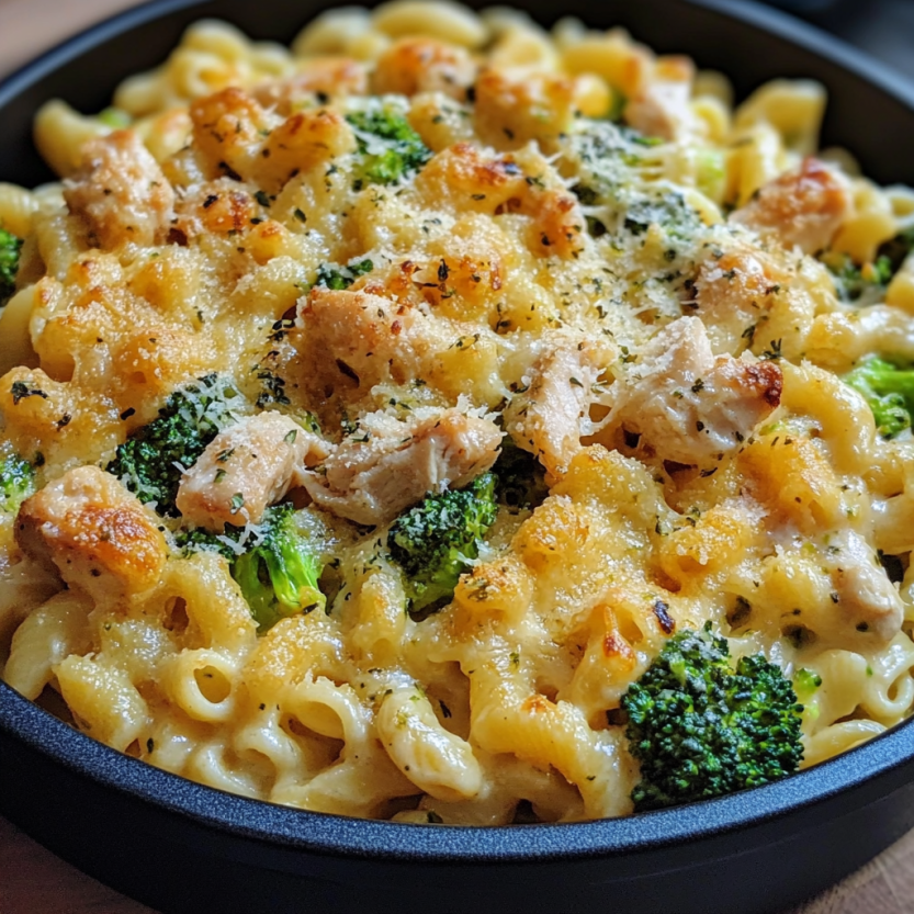A bowl of cheesy chicken and broccoli pasta.