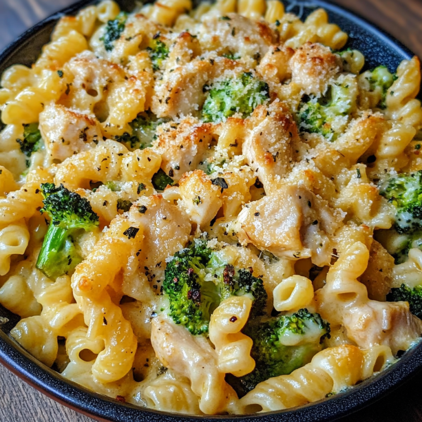 A bowl of cheesy chicken and broccoli pasta.