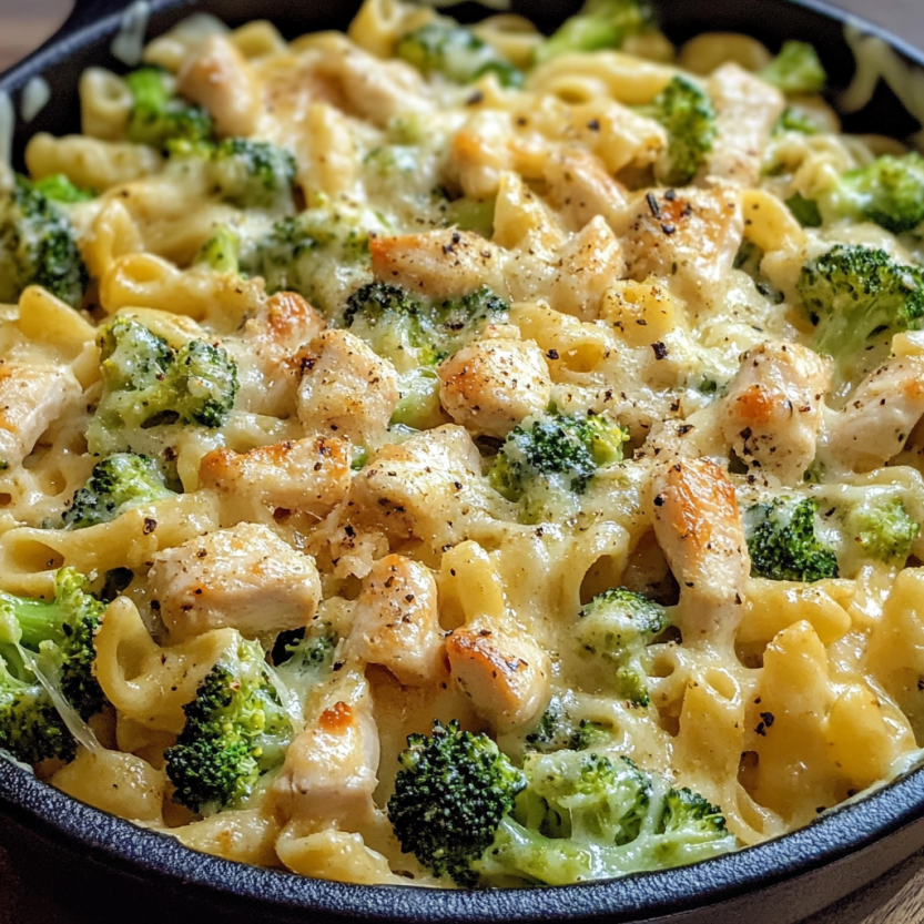 A delicious meal of chicken and broccoli pasta.