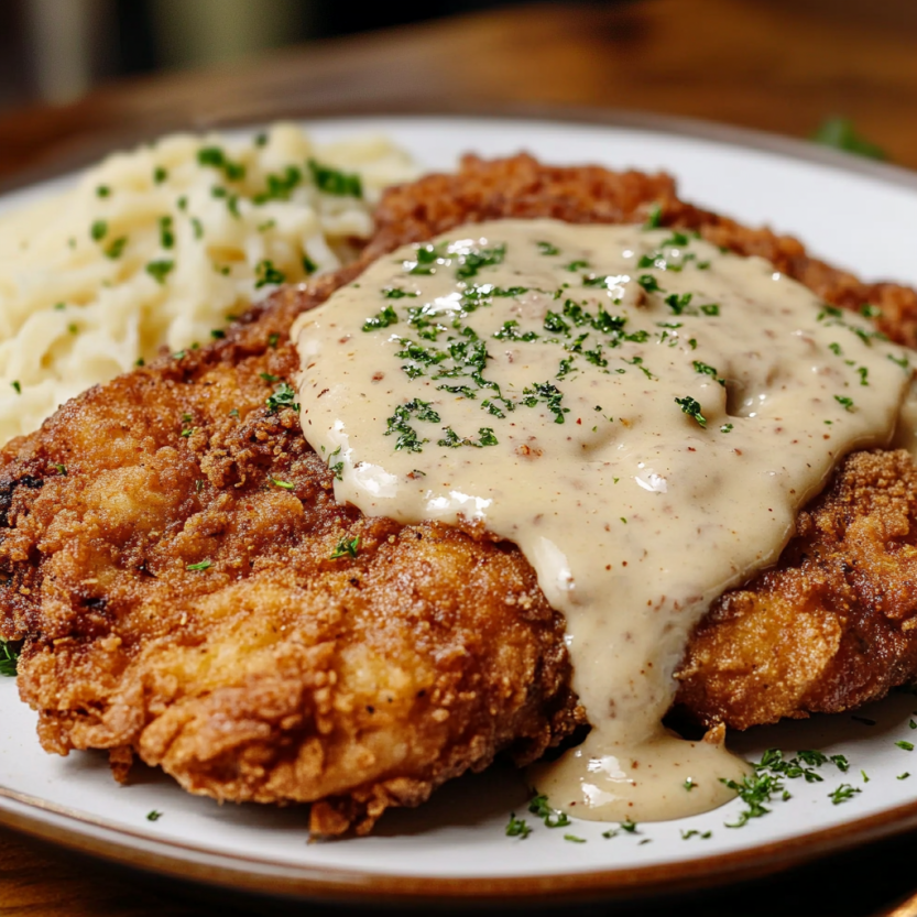 A plate of chicken fried steak with country gravy.