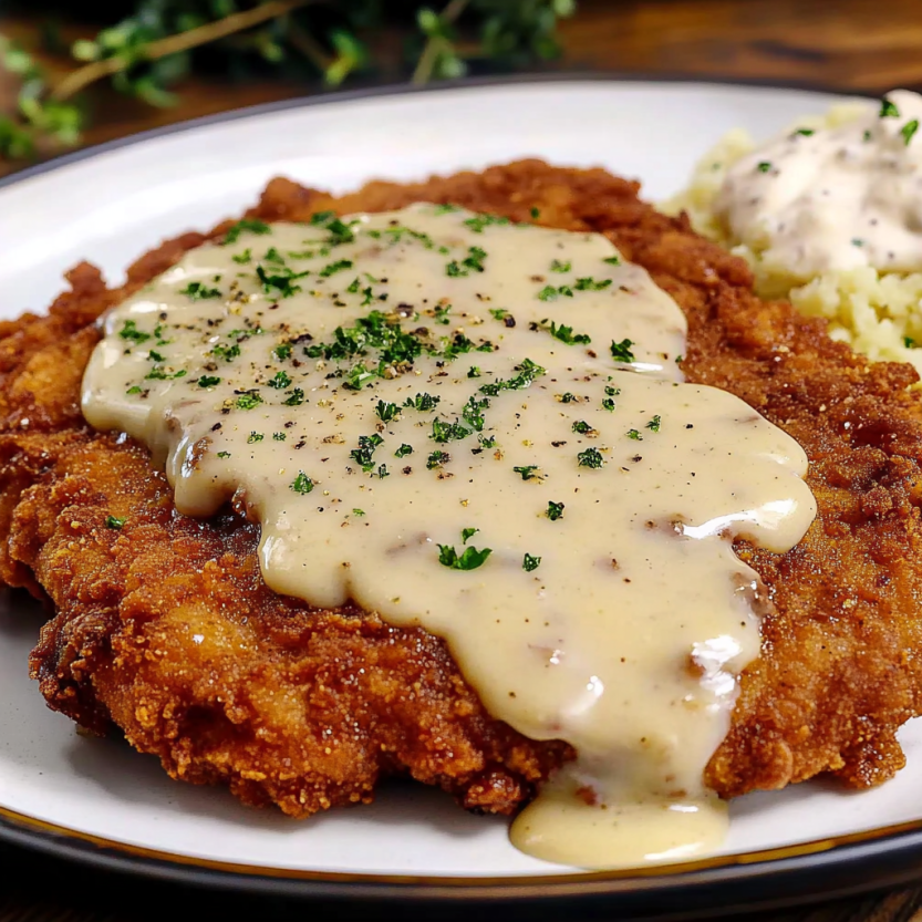 A plate of chicken fried steak with country gravy.