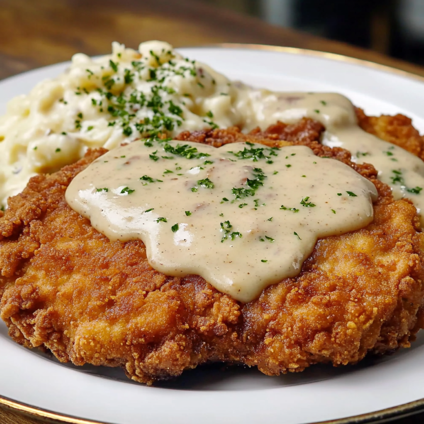 A plate of chicken fried steak with country gravy.