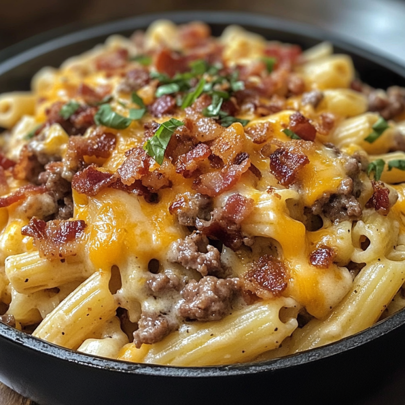 A loaded bacon cheeseburger pasta dish.