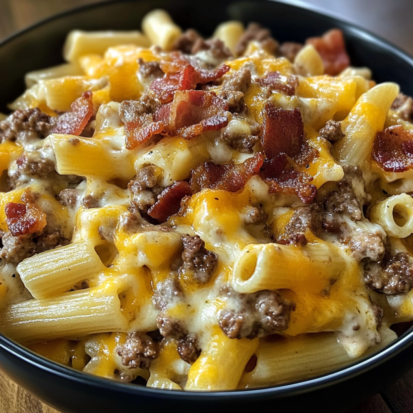 A bowl of pasta with bacon and cheese.