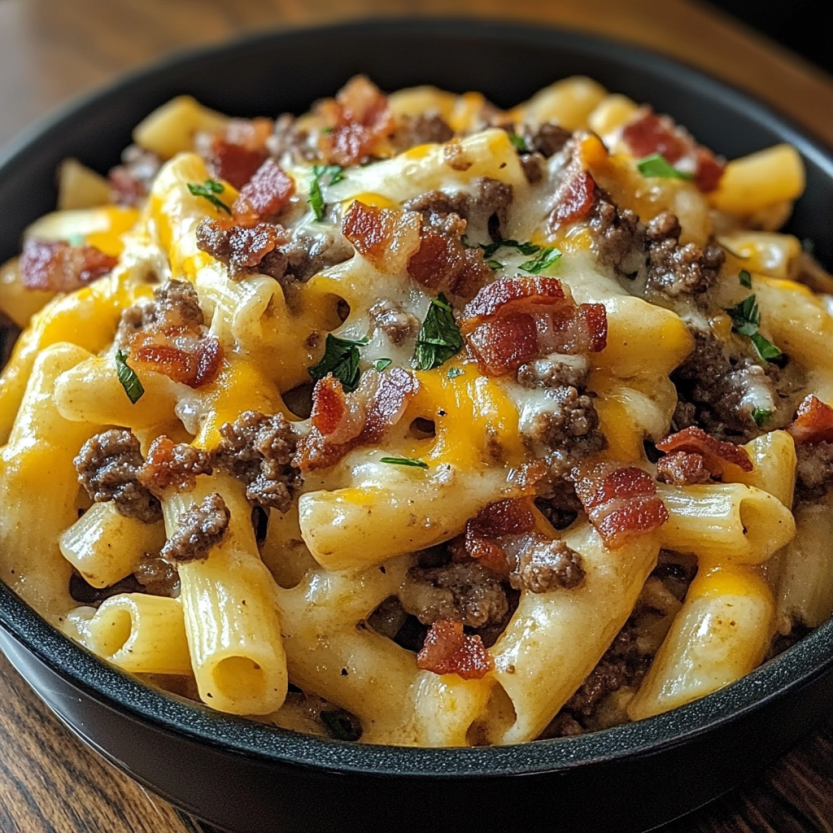 A bowl of pasta with bacon and cheese.