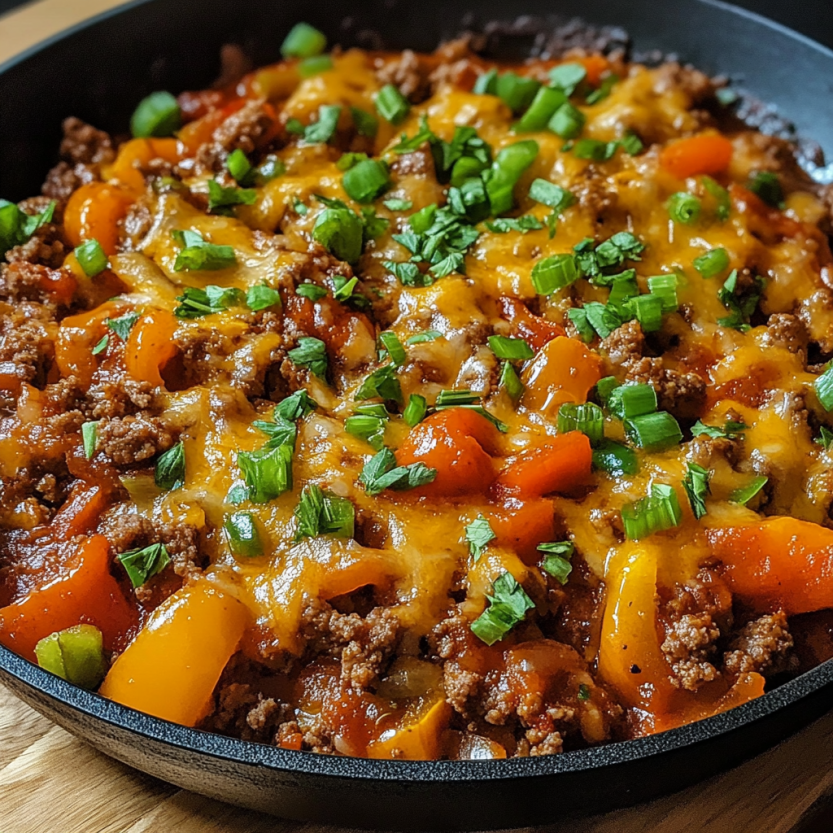 A skillet with a delicious meal of meat and vegetables.