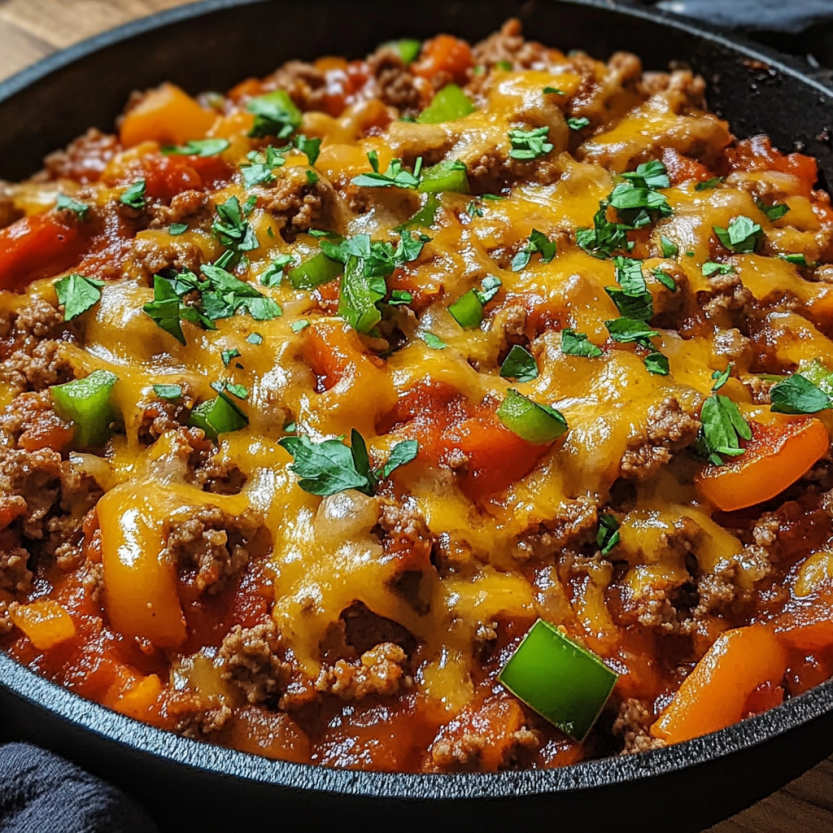 A skillet with a one pot unstuffed pepper skillet.