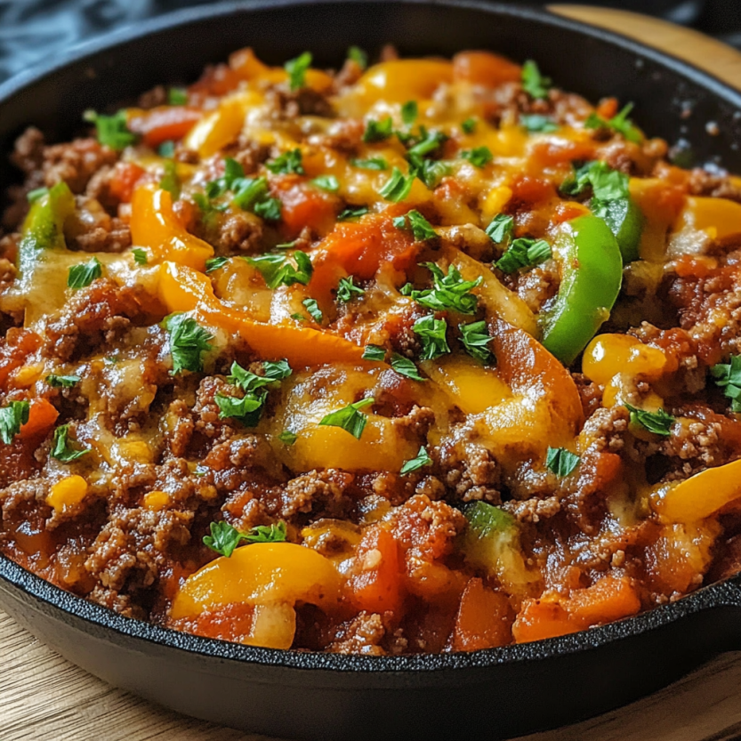 A skillet filled with meat and peppers.