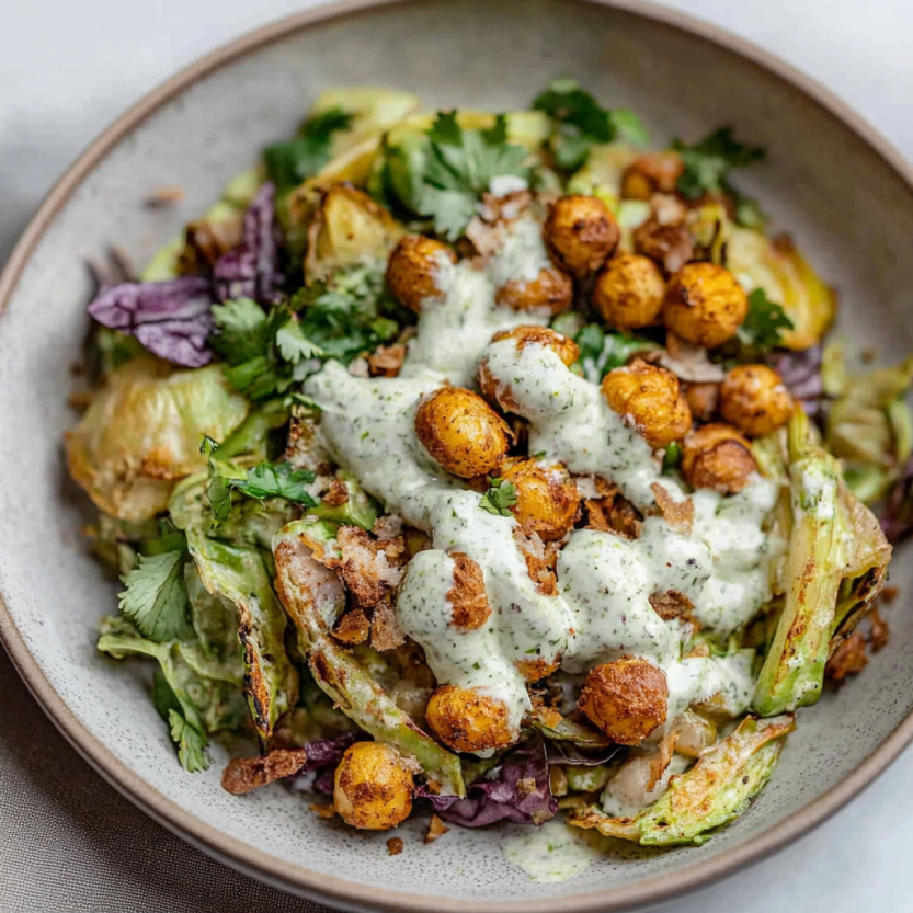 A bowl of salad with chickpeas, cilantro, and lime dressing.