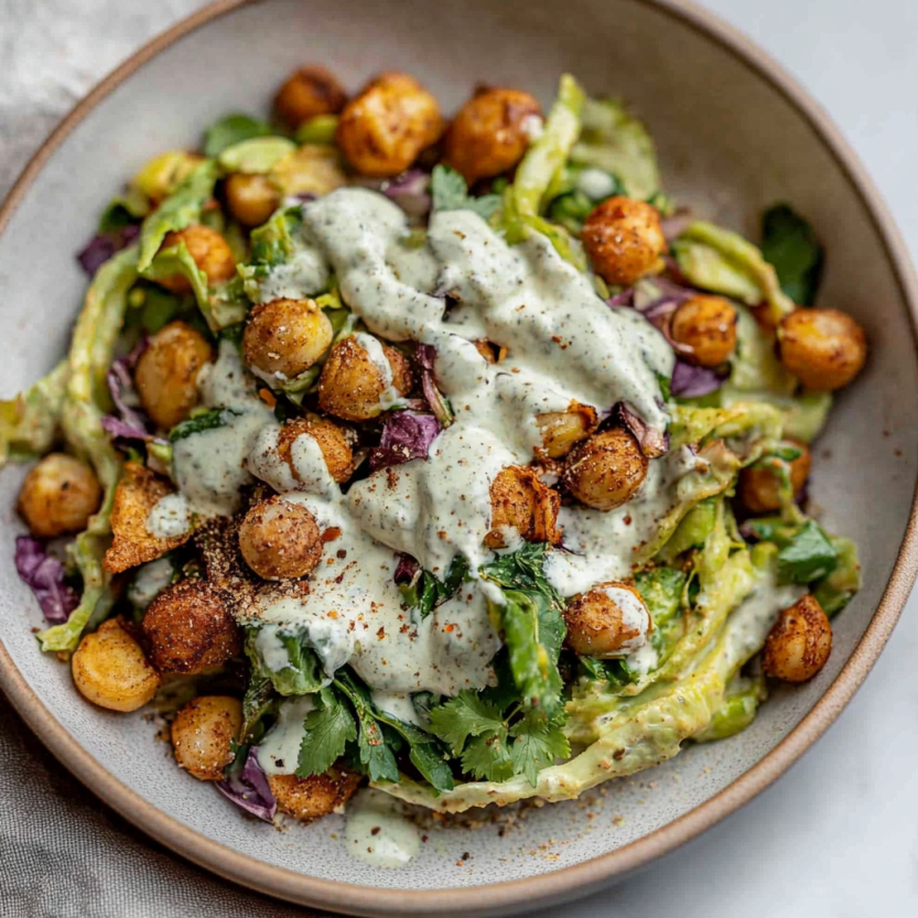 A bowl of salad with a white dressing.