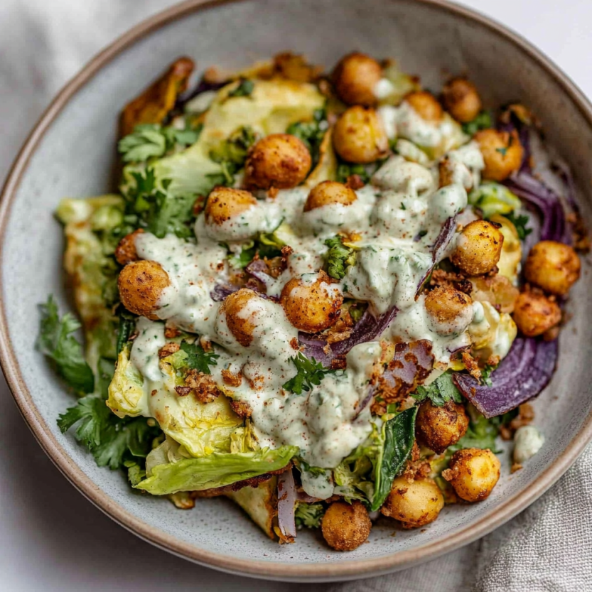 A bowl of salad with chickpeas, lettuce, and a white sauce.