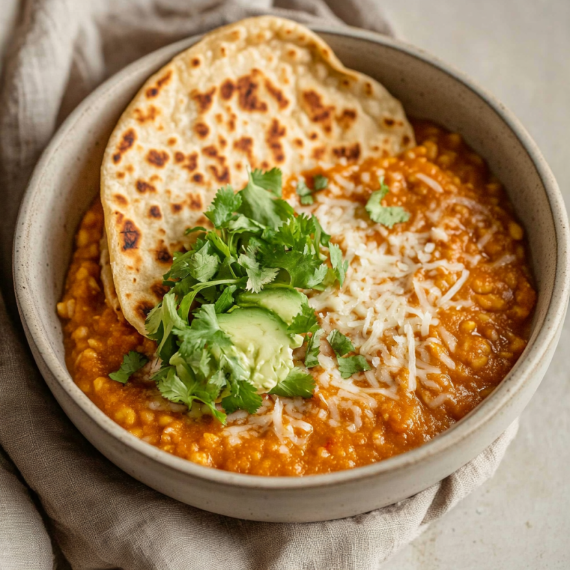 A bowl of food with a tortilla on top.