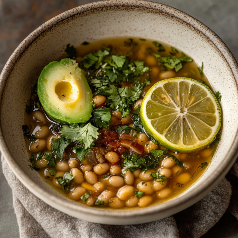 A bowl of soup with a lemon wedge on top.