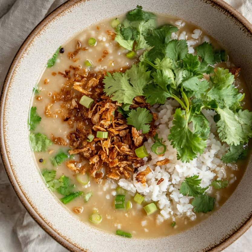 A bowl of soup with rice, vegetables and tofu.