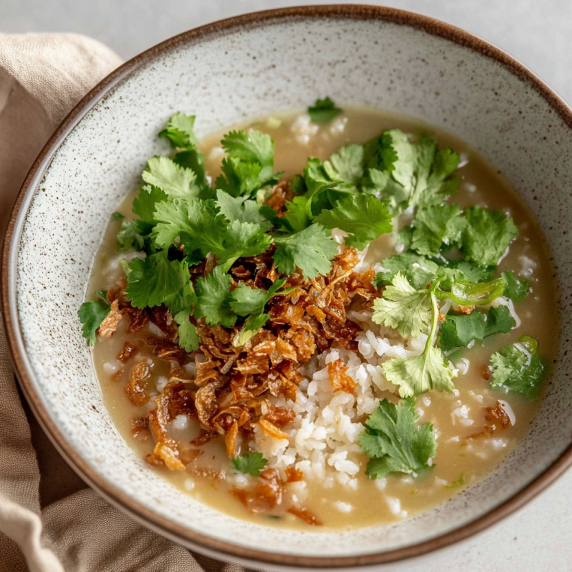 A bowl of soup with ginger and sesame tofu.