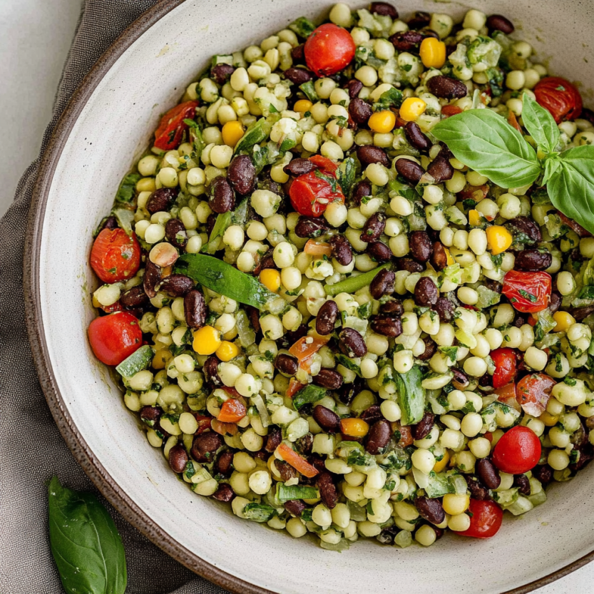 A bowl of food with the words charred corn couscous salad with lime basil dressing.