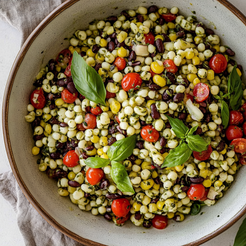 A bowl of charred corn couscous salad with lime basil dressing.