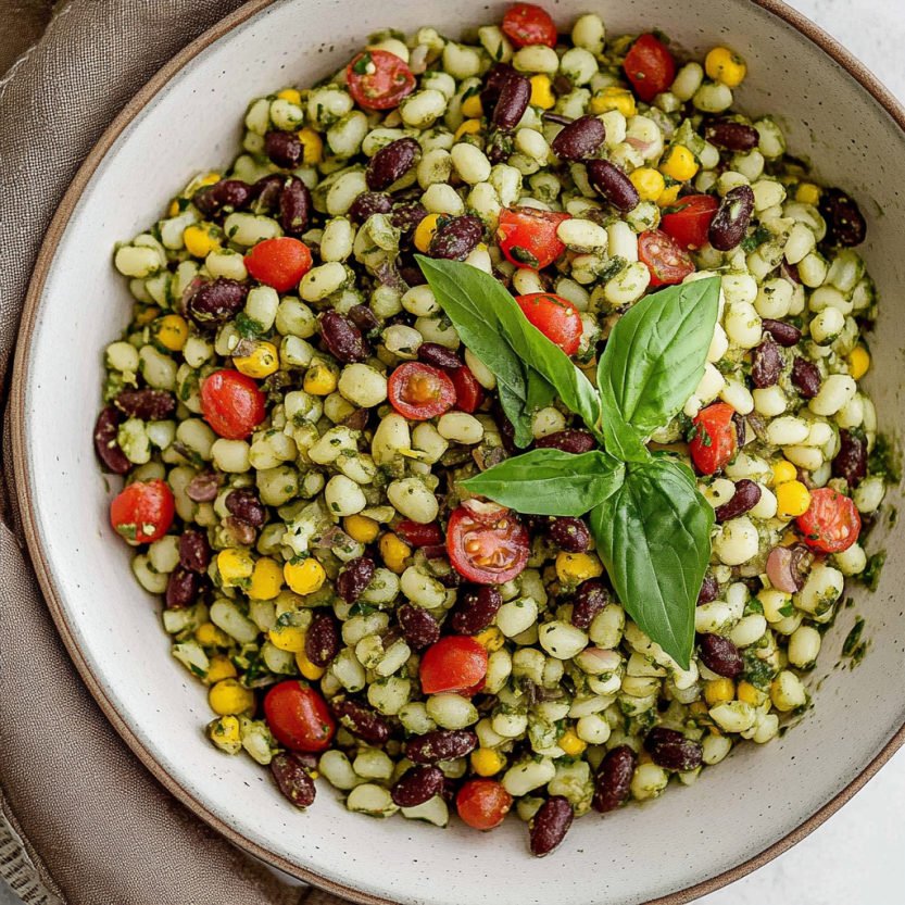 A bowl of charred corn couscous salad with lime basil dressing.