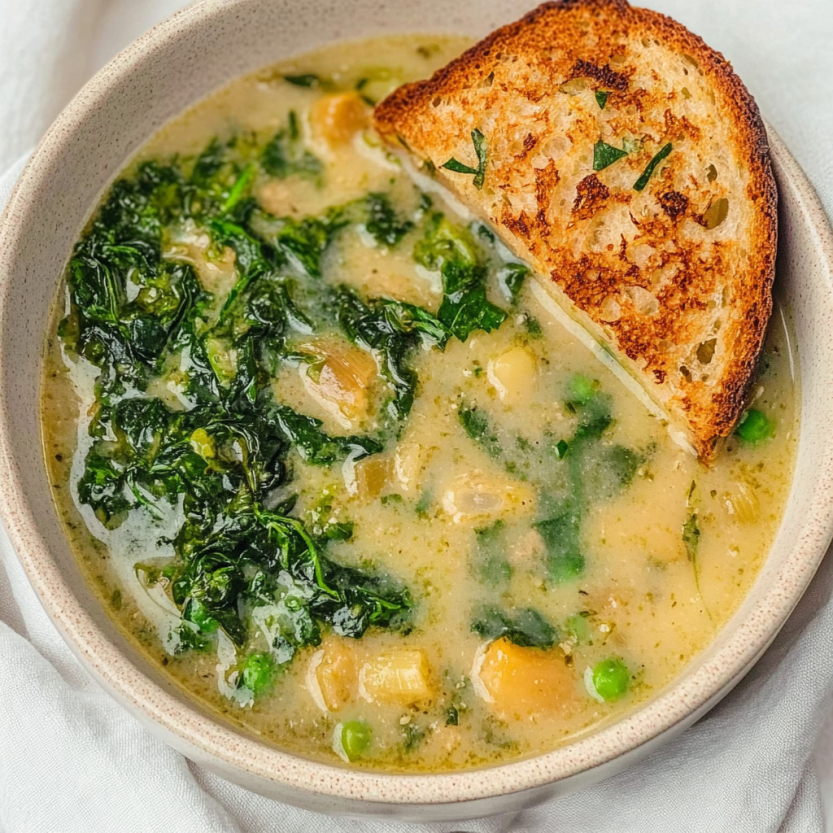 A bowl of soup with a slice of bread on top.
