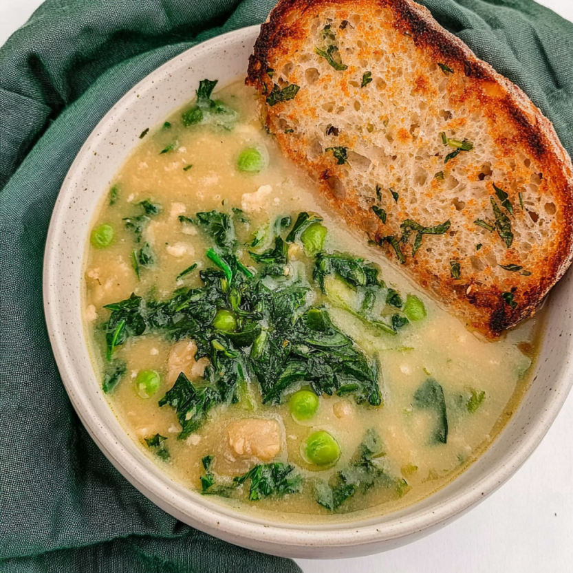 A bowl of soup with a piece of bread on the side.