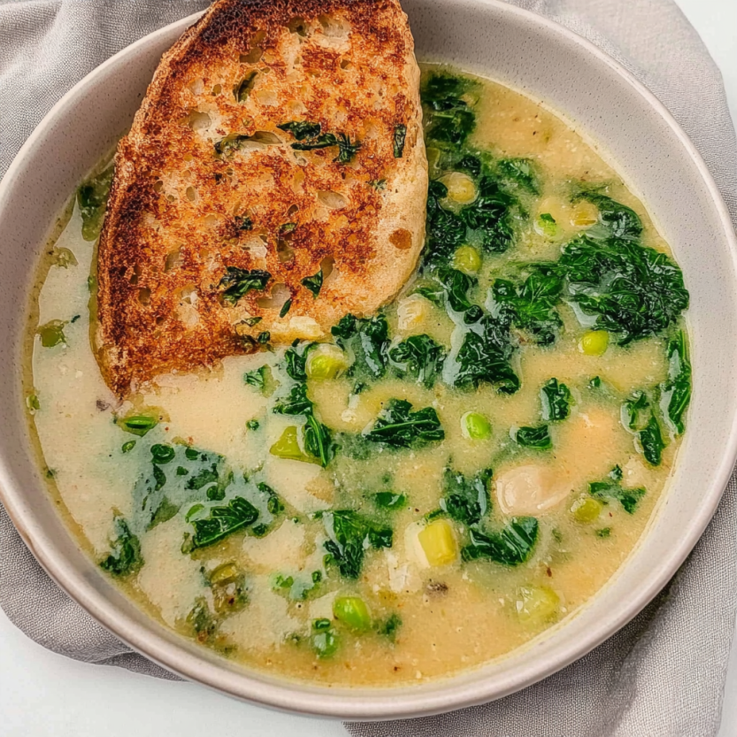 A bowl of soup with a piece of bread and a green vegetable.