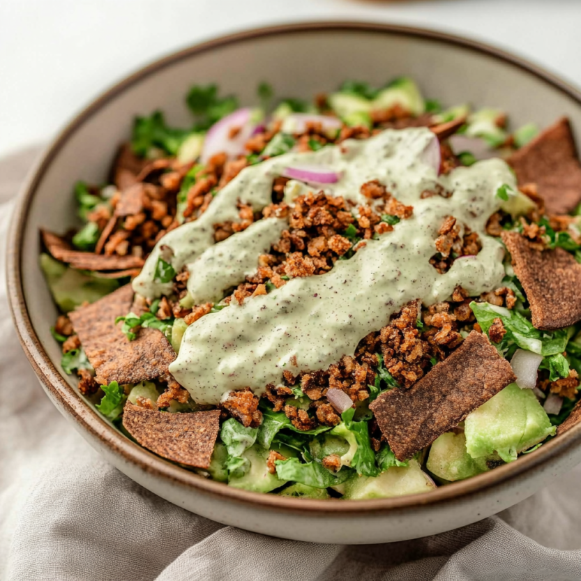 A bowl of crispy lentil salad with cilantro chive dressing.