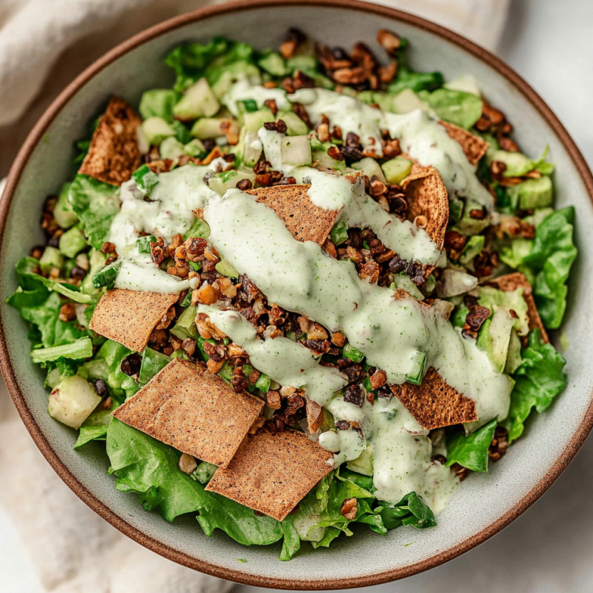A bowl of crispy lentil salad with cilantro chive dressing.