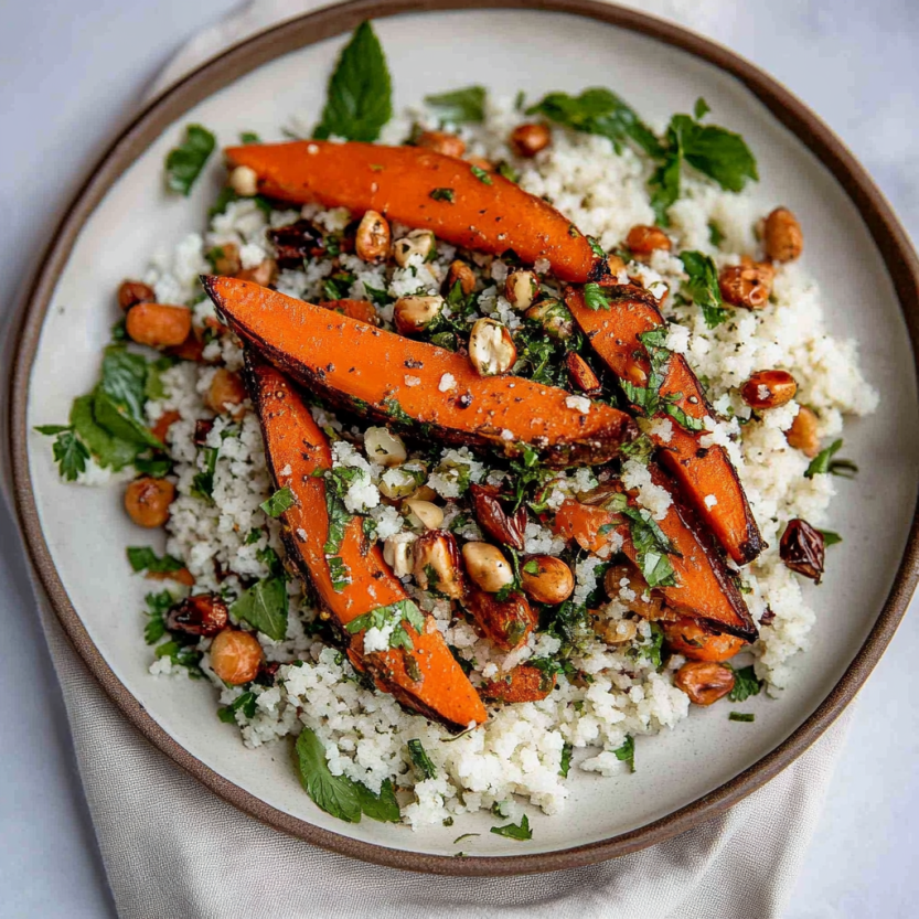 A plate of roasted carrots and rice salad.