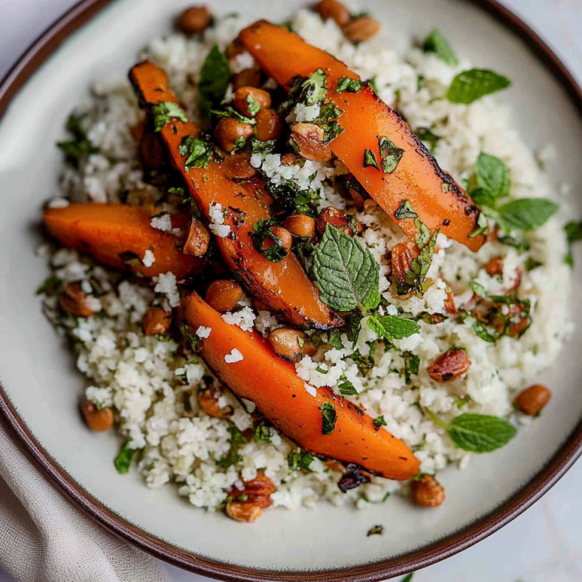 A plate of roasted carrots and rice salad.