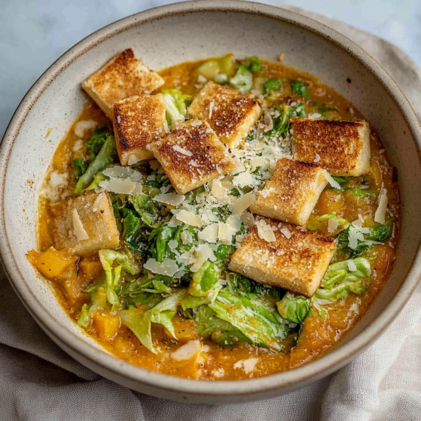 A bowl of soup with toasted bread cubes and broccoli.