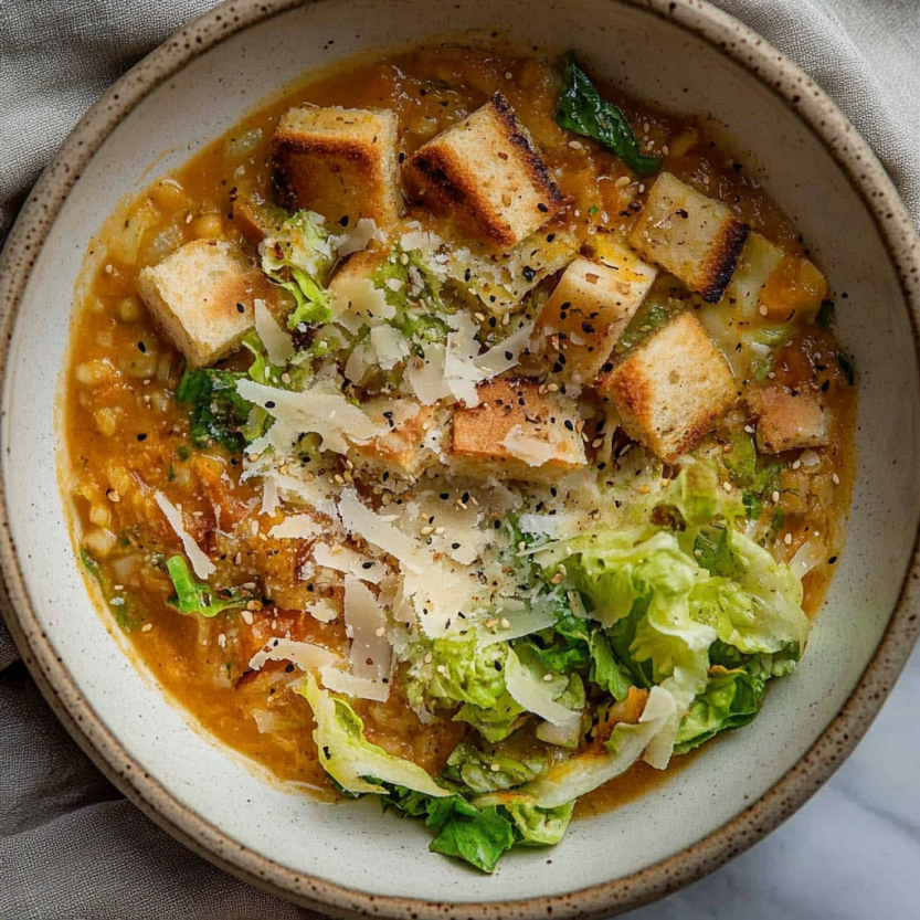 A bowl of soup with bread and greens.