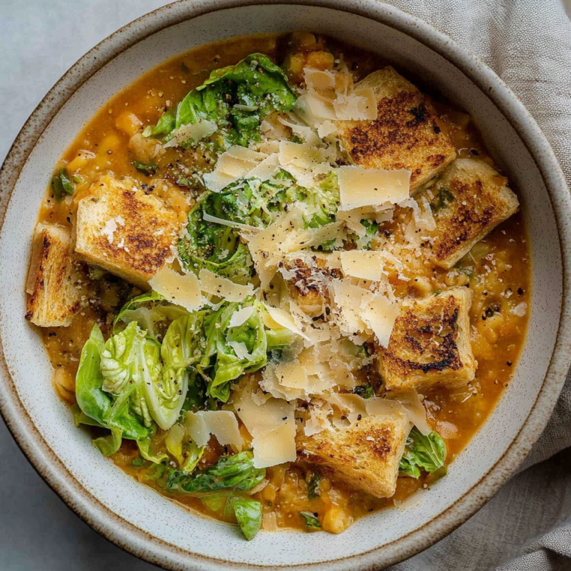A bowl of soup with a spoon in it.