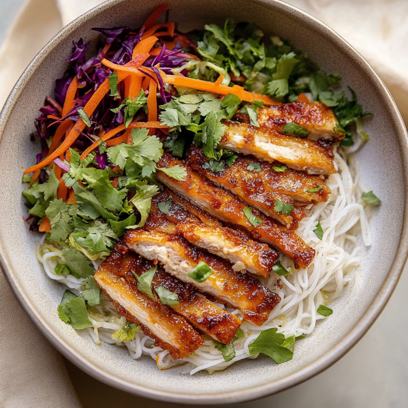 A bowl of food with chicken and vegetables.