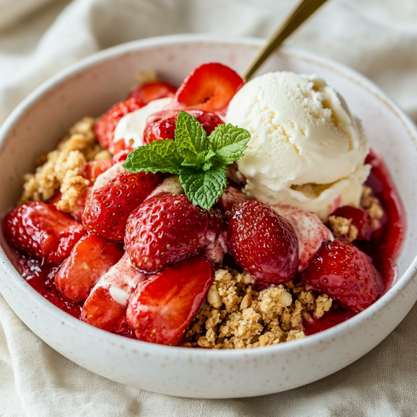 A bowl of strawberry crumble with a spoon in it.