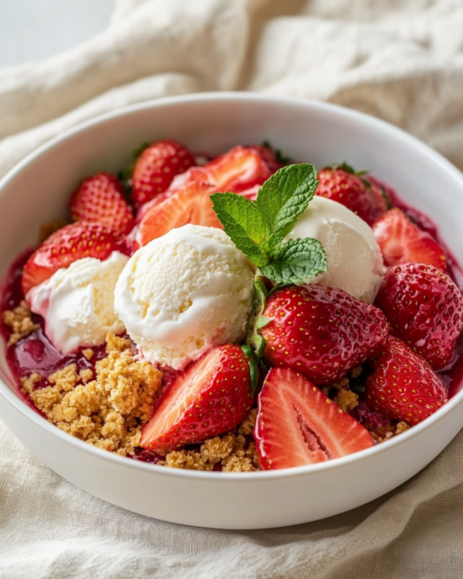 A bowl of strawberries and ice cream.
