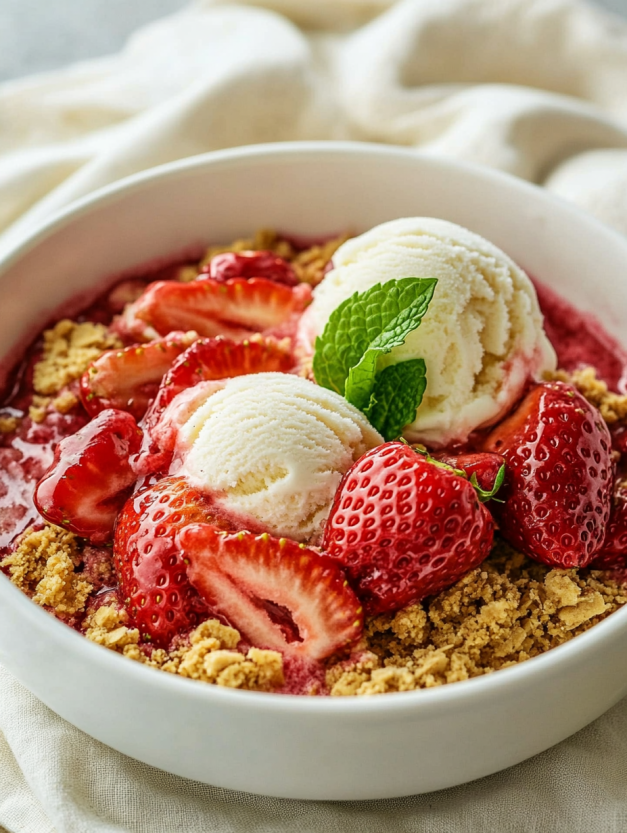 A bowl of strawberry crumble with a scoop of ice cream.